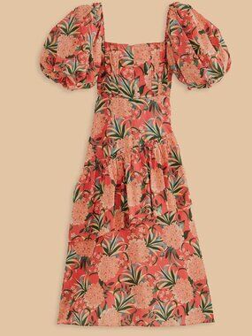 NWT Farm Rio Anthropologie Pineapple Bloom Midi Dress Coral Orange XS MSRP $275
